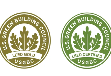 LEED certification badges including Platinum, Gold, Certified, and Silver.