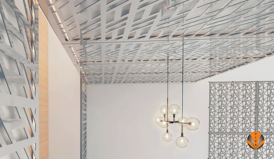 Decorative metal ceiling panels used on ceiling and wall in modern interior.