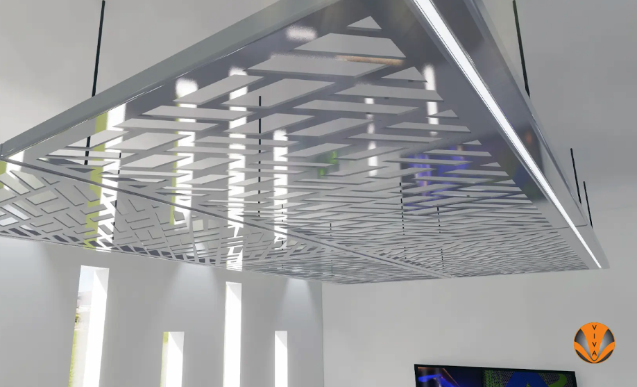 Suspended decorative ceiling panel system with geometric metal pattern.