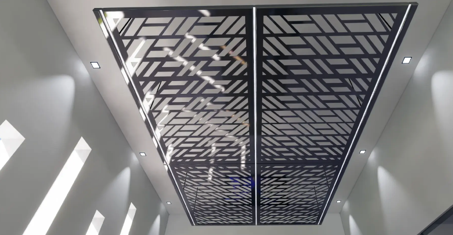 Decorative ceiling panels with integrated lighting in modern interior.