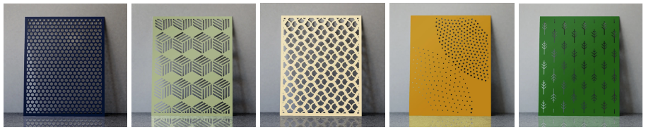 Colorful decorative metal panels with various perforated patterns.