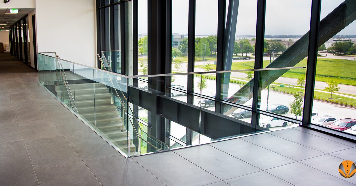 Button Glass Railing Smoke Barrier System & VIEW™ Button Glass - Core… | VIVA Railings