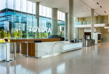 TOYOTA US HEADQUARTERS SHOE GLASS SMOKE BAFFLE SOLO GLASS RAILING